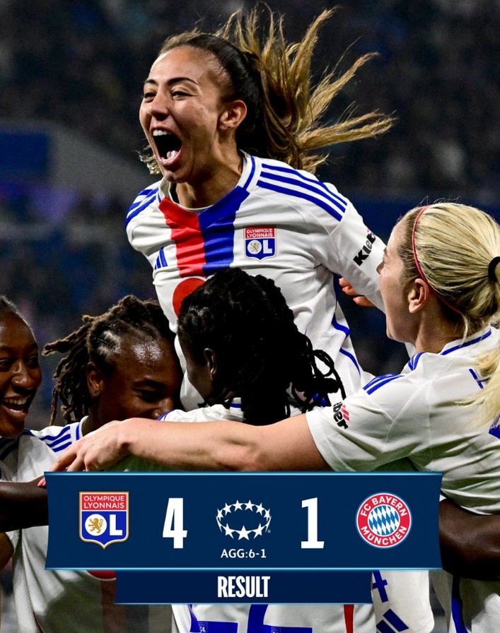 里昂女足4-1大勝拜仁女足，總比分6-1晉級女足歐冠半決賽