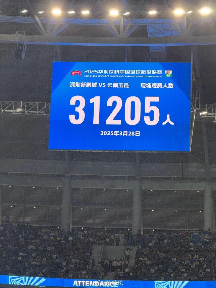 新鵬城新賽季首個(gè)主場(chǎng)現(xiàn)場(chǎng)觀眾31205人，為隊(duì)史最高上座人數(shù)